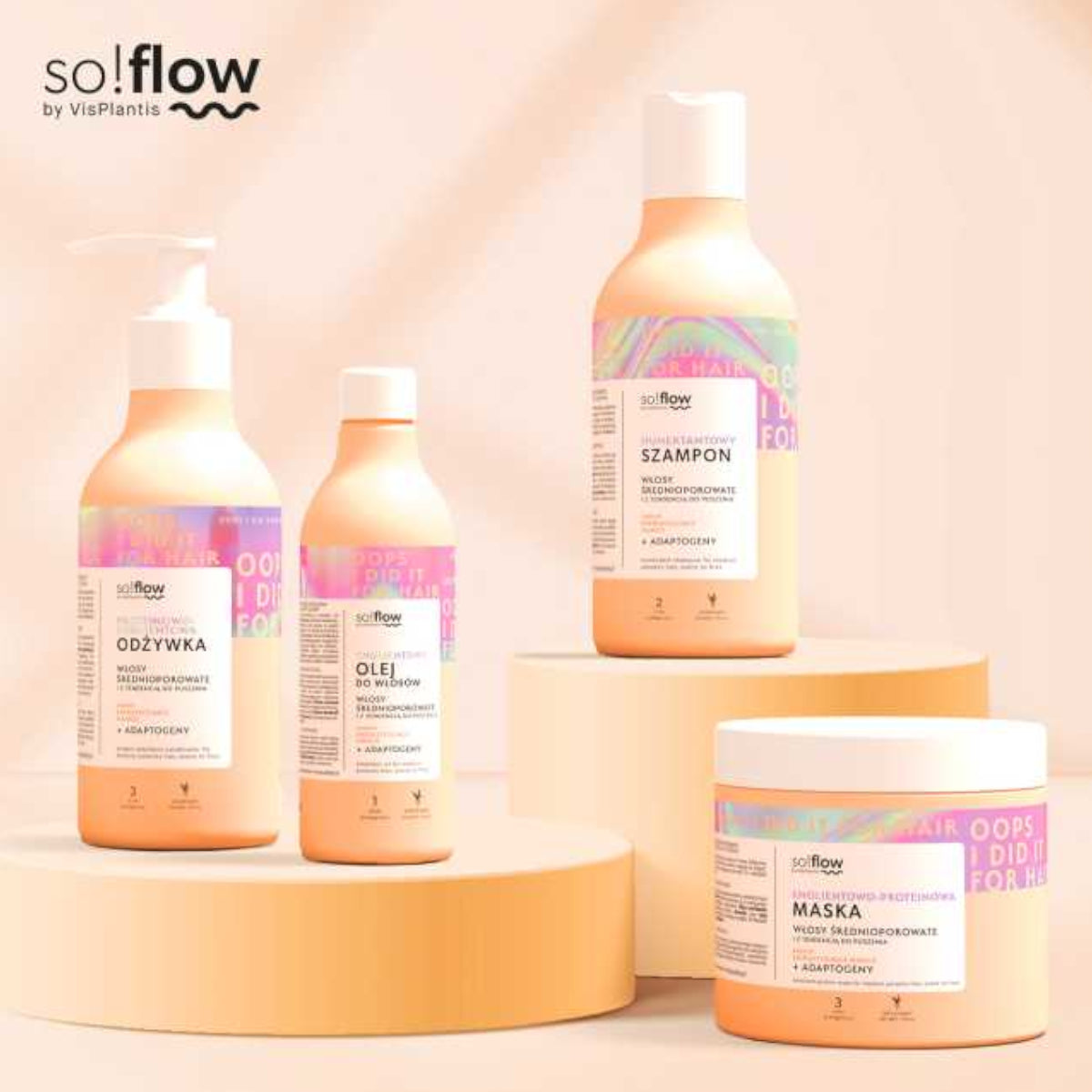 So!Flow hair care collection featuring shampoo, conditioner, oil, and emolient-protein mask for medium porosity hair, displayed on beige podiums.