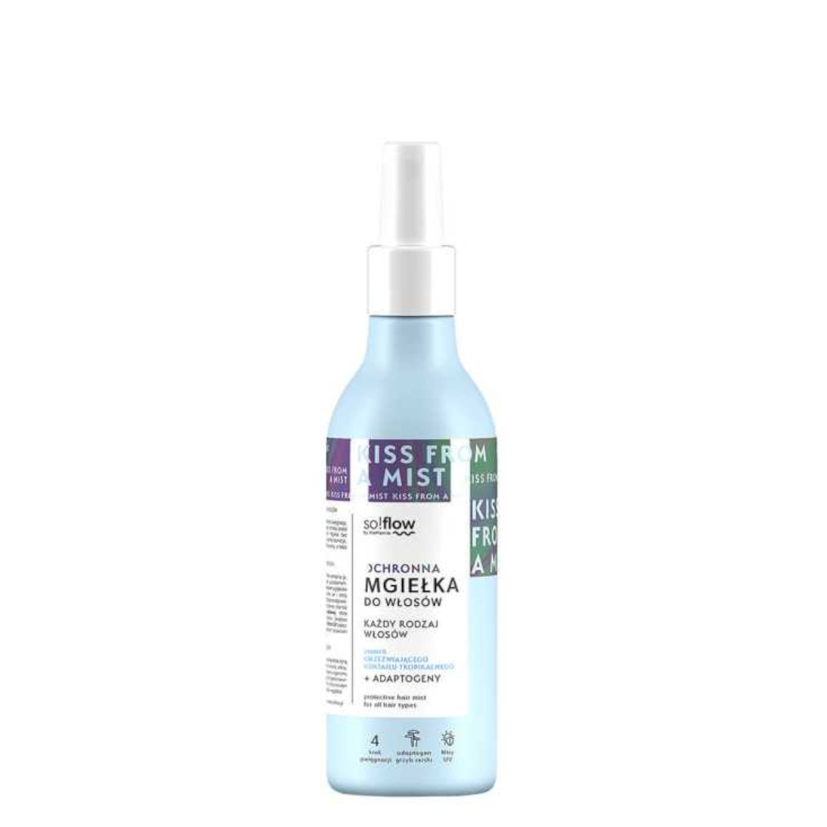 So!Flow Protective Mist for all hair types in a sleek blue spray bottle with a white cap, featuring moisturizing and adaptogenic properties. Available at Roxie Cosmetics.