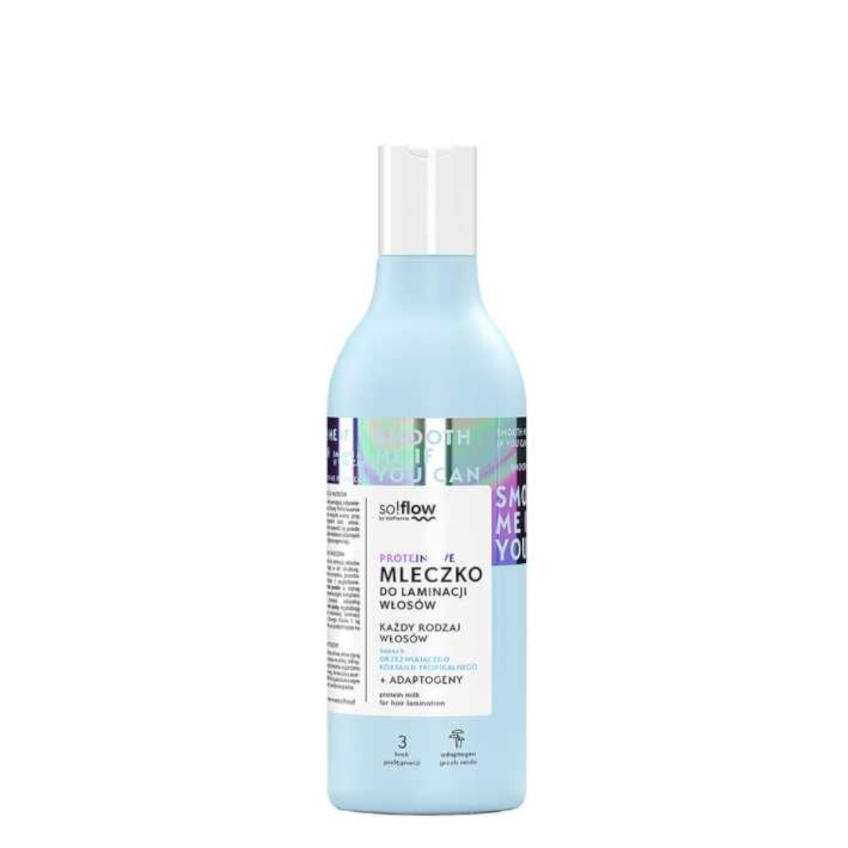 So!Flow Protein Milk for Hair Lamination in a sleek white and blue bottle, ideal for brittle, colored, and damaged hair. Available at Roxie Cosmetics.