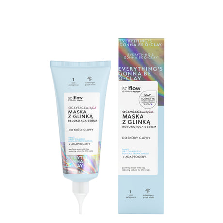 So!Flow Purifying Scalp Mask with Clay Reducing Sebum in a pastel blue tube with holographic packaging. Vegan hair treatment for oily and dandruff-prone hair.