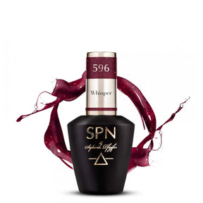 SPN Nails UV/LED Gel Polish 596 Whisper with a sleek black bottle and glittery purple-red splash design, available at Roxie Cosmetics.