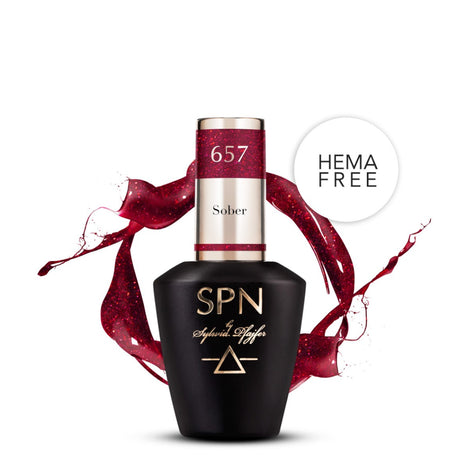 SPN Nails UV/LED Gel Polish 657 Sober in a black bottle with glittery red accents, labeled as hema-free, ideal for hybrid nail designs.