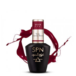 SPN Nails UV/LED Gel Polish 777 Very Cherry Berry bottle with a rich red splash design, ideal for hybrid nail styling. Available at Roxie Cosmetics.