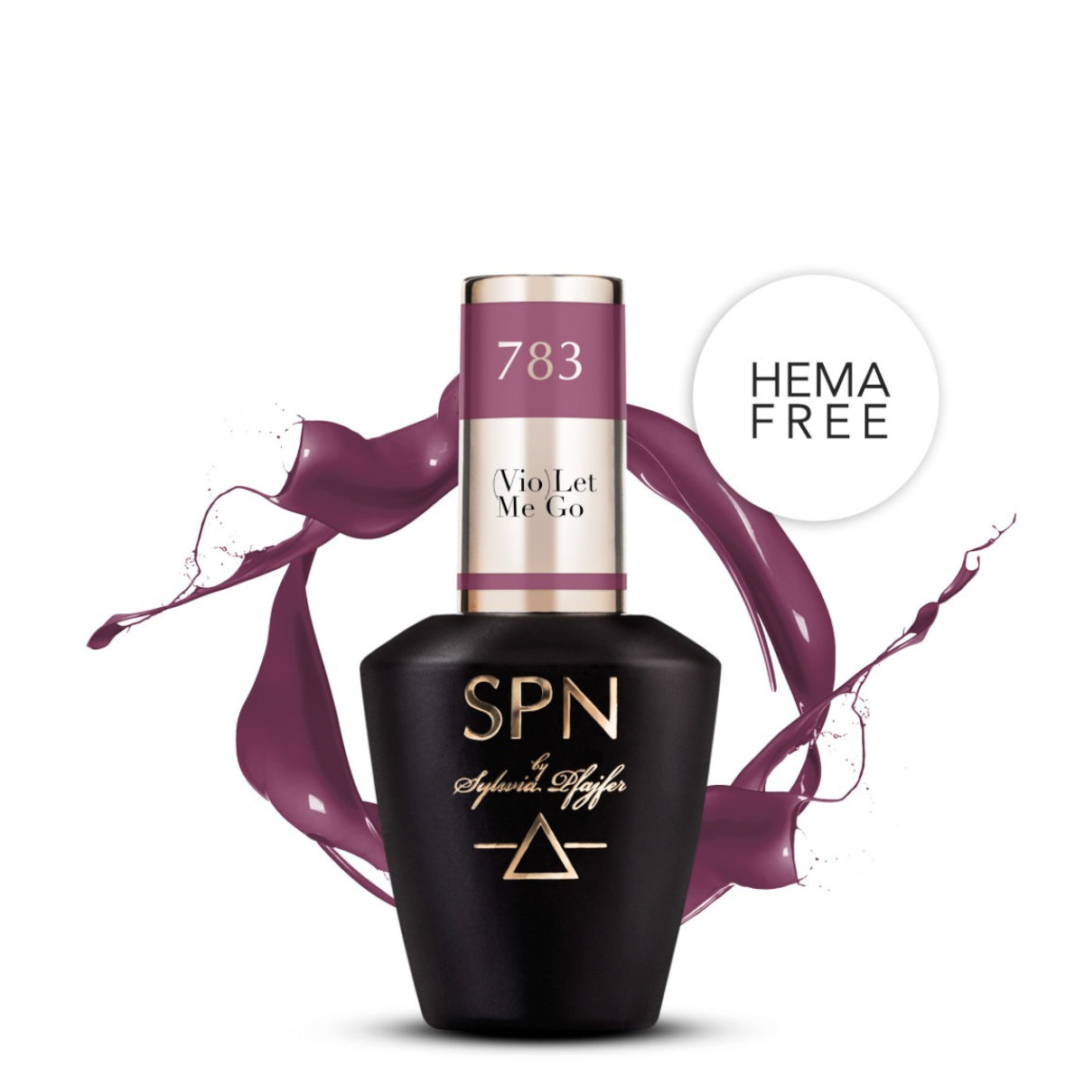 SPN Nails UV/LED Gel Polish 783 (Vio)Let Me Go in a sleek black bottle with purple gel polish splash and HEMA-free label. Available at Roxie Cosmetics.