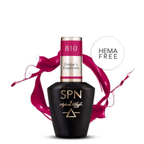 SPN Nails UV/LED Gel Polish 810 Friday's Euphoria in a black bottle with a red cap, featuring HEMA-free formula and vibrant red-purple splash design.
