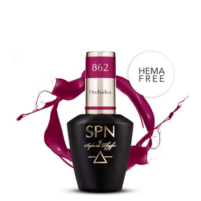 SPN Nails UV/LED Gel Polish 862 Orchidea in a sleek black bottle with a vibrant red-purple splash design and HEMA-free label.