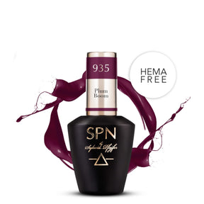 SPN Nails UV/LED Gel Polish 935 Plum Boom bottle with rich plum color splash and HEMA-free label.