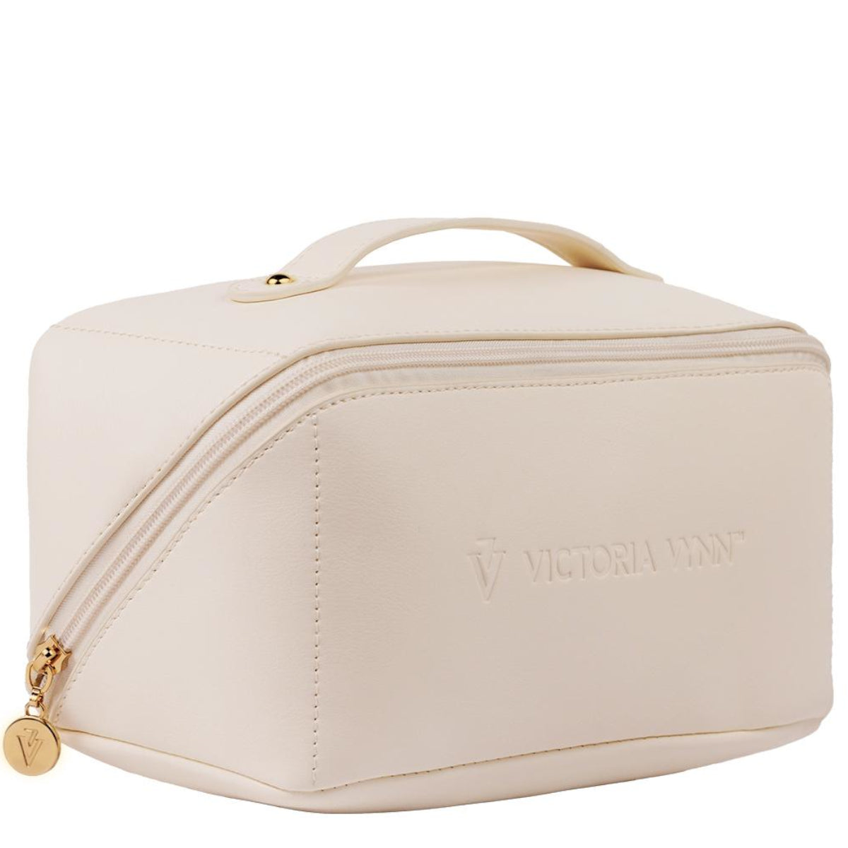 Elegant Victoria Vynn cosmetic bag in soft ecru tone, featuring a convenient top handle for easy carrying and stylish branding.