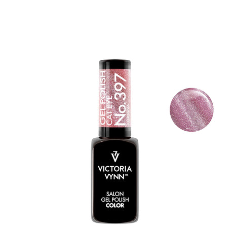 Victoria Vynn Gel Polish Color 397 Cat Eye Cortana with a shimmering pink tone, ideal for hybrid nail designs. Available at Roxie Cosmetics.