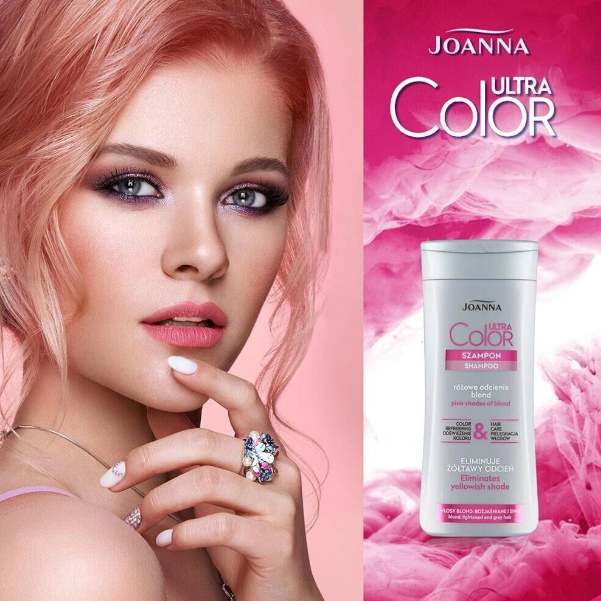 Joanna Ultra Color Pink Hair Shampoo Eliminate Yellow Shade shown