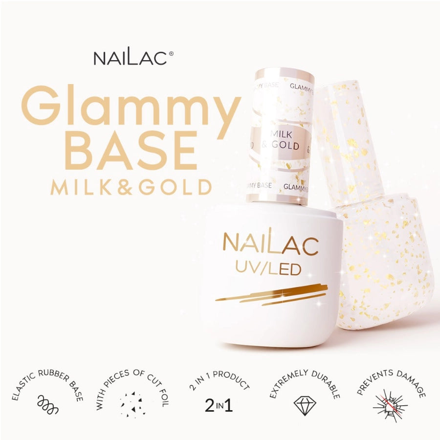 NaiLac Hybrid UV/LED Glammy Rubber Base Milk & Gold Info