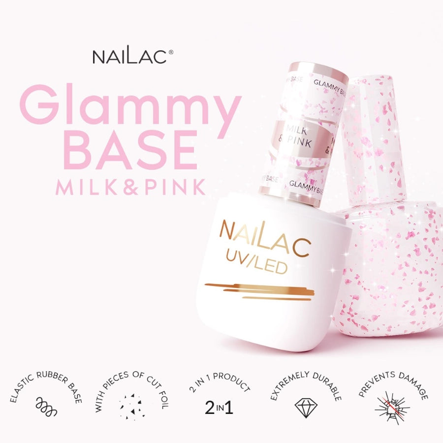 NaiLac Hybrid UV/LED Glammy Rubber Base Milk & Pink Info