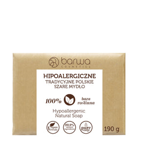 Barwa Hypoallergenic Traditional Grey Polish Soap Bar 190g - arranged with the included components on a white background