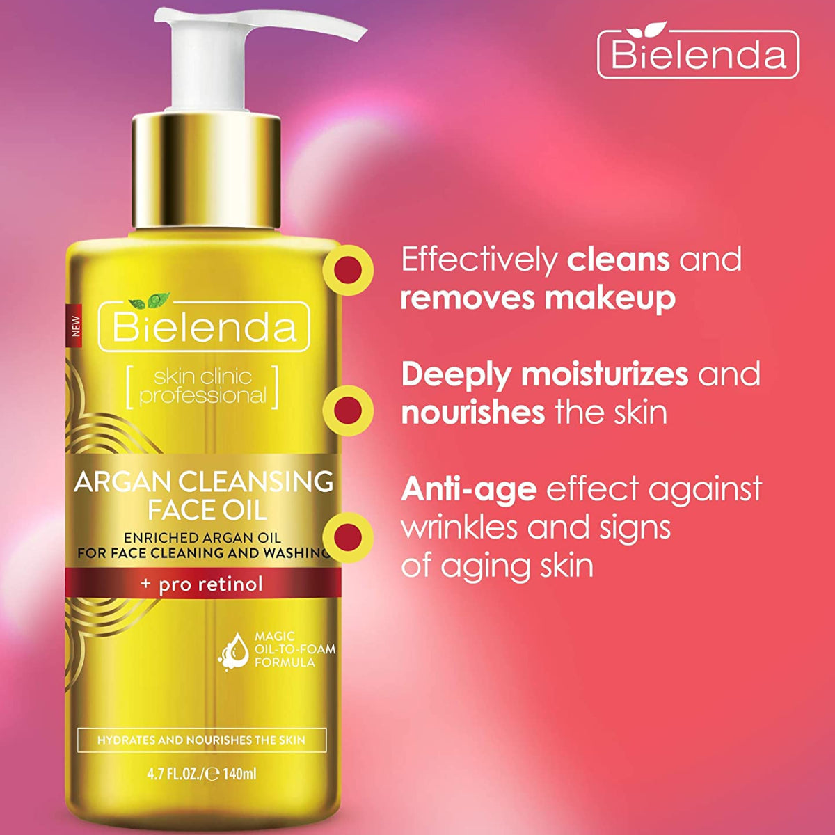 Bielenda Argan Cleansing Face Oil Pro-Retinol - product displayed with its packaging on a dark background