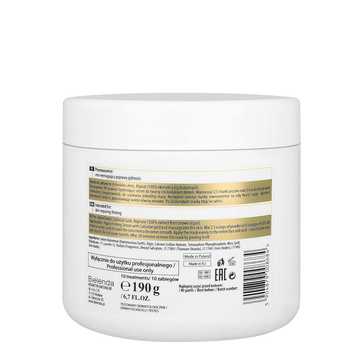 Bielenda Professional Algae Face Mask with Colloidal Gold - open cosmetic jar with its lid on a white background