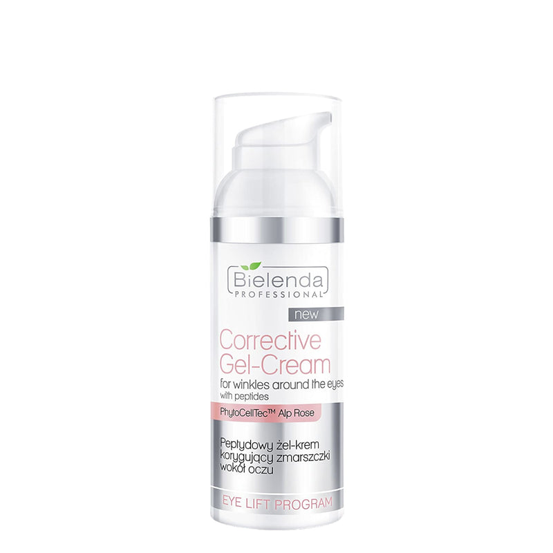 Bielenda Professional Peptide Anti-Wrinkle Corrective Eye Cream-Gel - arranged with the included components on a white background