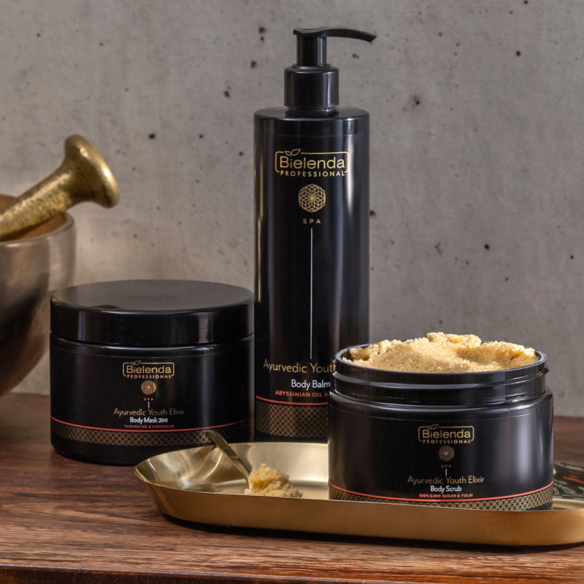 Bielenda Professional SPA Ayurvedic Youth Elixir Body Scrub - product displayed with its packaging on a dark background
