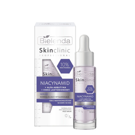 Bielenda Skin Clinic 10% Niacinamide Normalising & Smoothing Serum - retail packaging on a white background