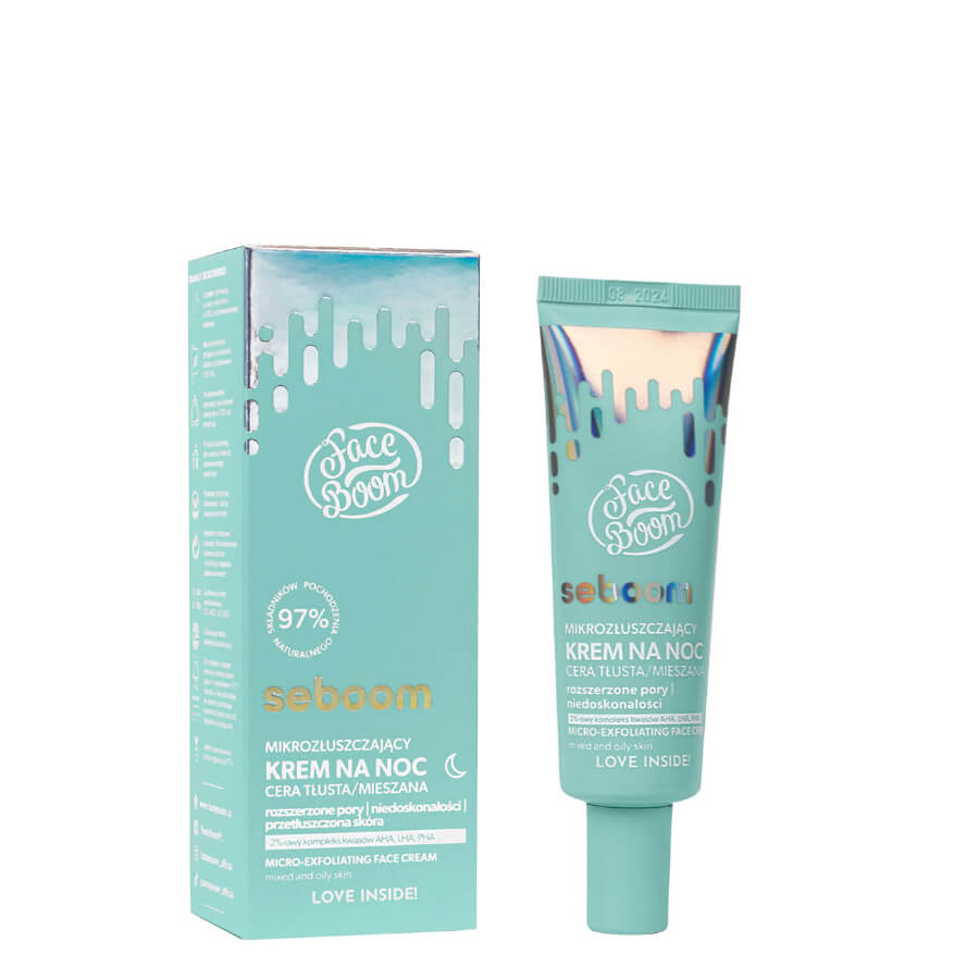 Body Boom Face Boom Microexfoliating Night Cream Oily & Combination Skin - retail packaging on a white background