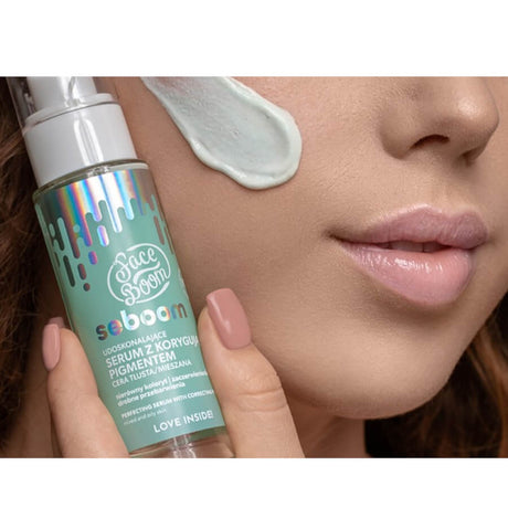 Body Boom Face Boom Perfecting Serum With Correcting Pigment Oily & Combination Skin - finished result shown on a model's face