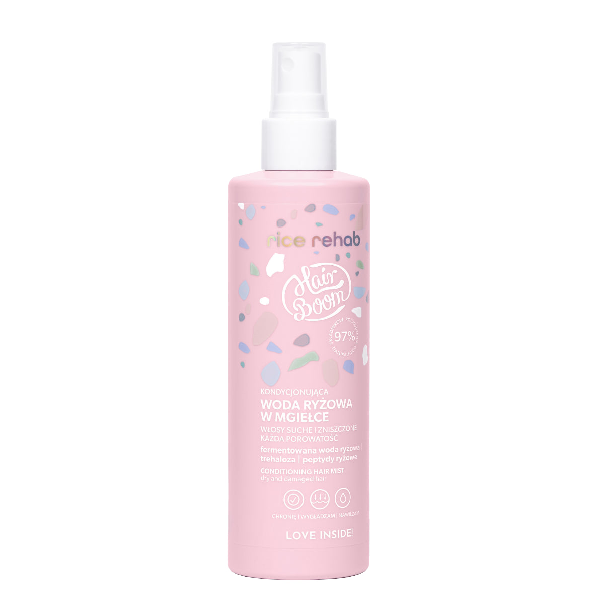 Body Boom Hair Boom Rice Rehab Conditioning Rice Water Hair Mist - retail hair-care container isolated on a white background