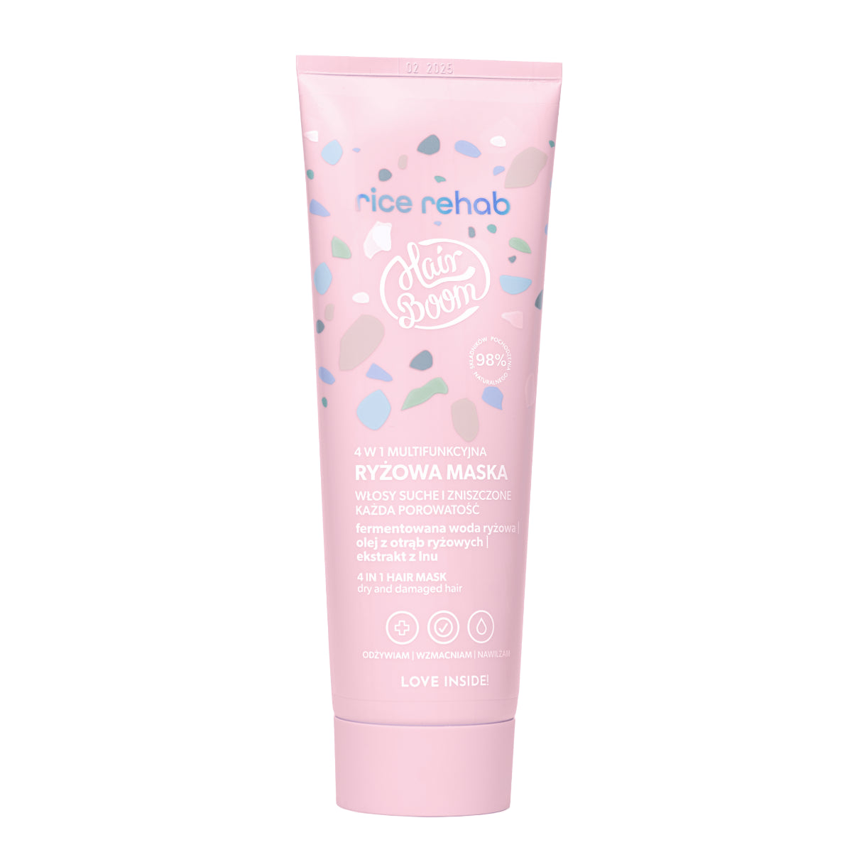 Body Boom Hair Boom Rice Rehab Multifunctional Rice Hair Mask 4-In-1 - retail hair-care container isolated on a white background