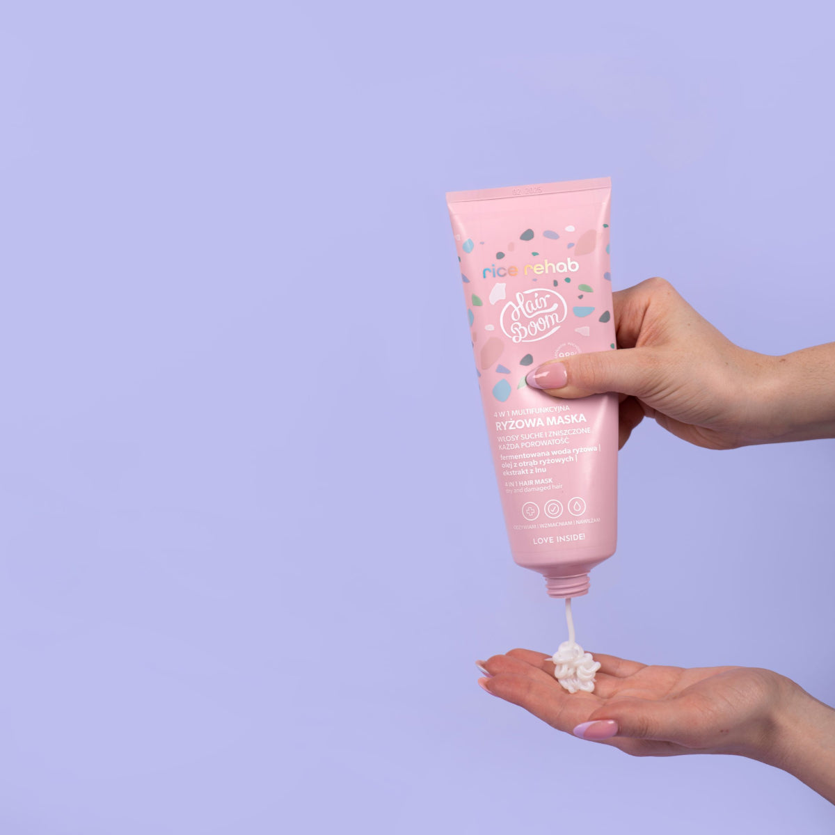 Body Boom Hair Boom Rice Rehab Multifunctional Rice Hair Mask 4-In-1 - product and colour result shown on hair