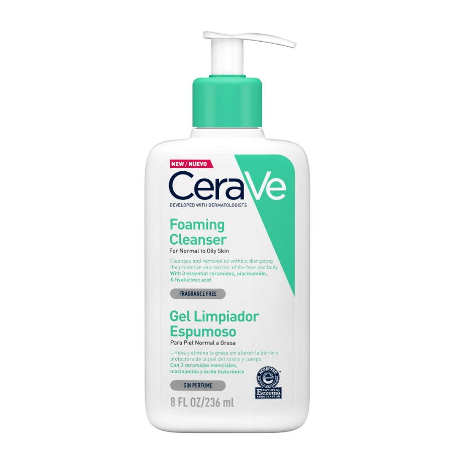 CeraVe Foaming Cleanser for Normal & Oily Skin - 236ml - arranged with the included components on a white background