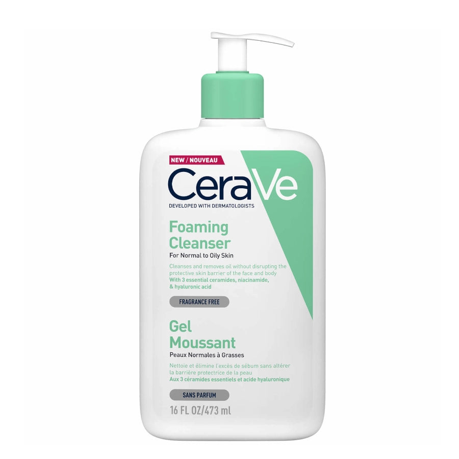 CeraVe Foaming Cleanser for Normal & Oily Skin - 473ml - arranged with the included components on a white background