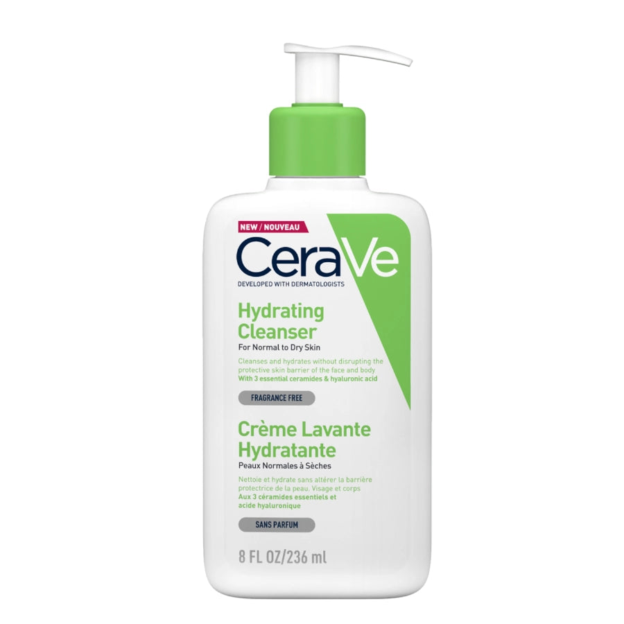 CeraVe Hydrating Cleanser for Normal & Dry Skin with Hyaluronic Acid - 236ml - arranged with the included components on a white background