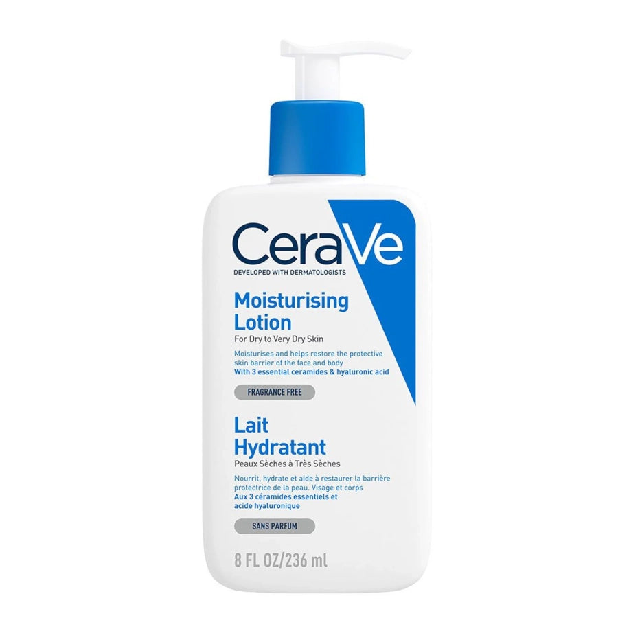CeraVe Moisturising Lotion for Very Dry Skin with Ceramides & Hyaluronic Acid - 236ml - arranged with the included components on a white background
