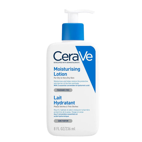 CeraVe Moisturising Lotion for Very Dry Skin with Ceramides & Hyaluronic Acid - 236ml - arranged with the included components on a white background