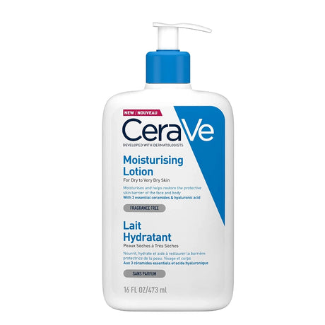 CeraVe Moisturising Lotion for Very Dry Skin with Ceramides & Hyaluronic Acid - 473ml - arranged with the included components on a white background
