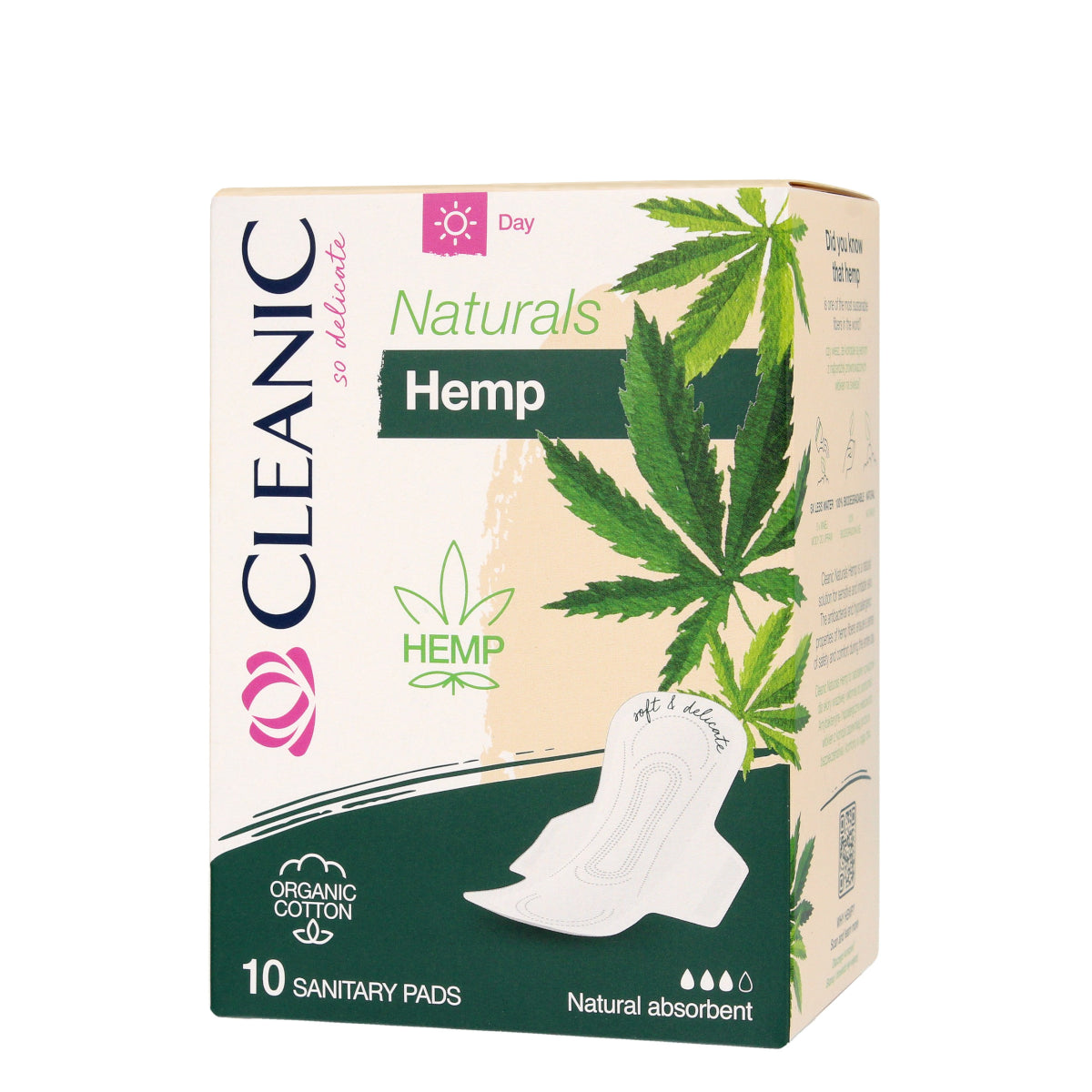 Cleanic Naturals Organic Cotton & Hemp Day Sanitary Pads - arranged with the included components on a white background