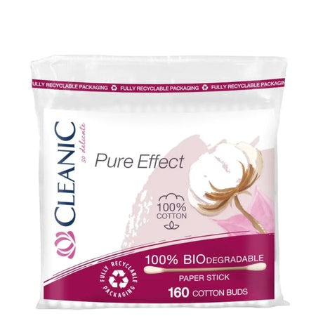 Cleanic Pure Effect 100% Biodegradable Cotton Buds - arranged with the included components on a white background