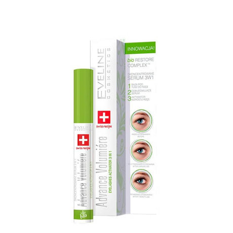Eveline Advance Volumiere Eyelash Serum 3in1 - arranged with the included components on a white background