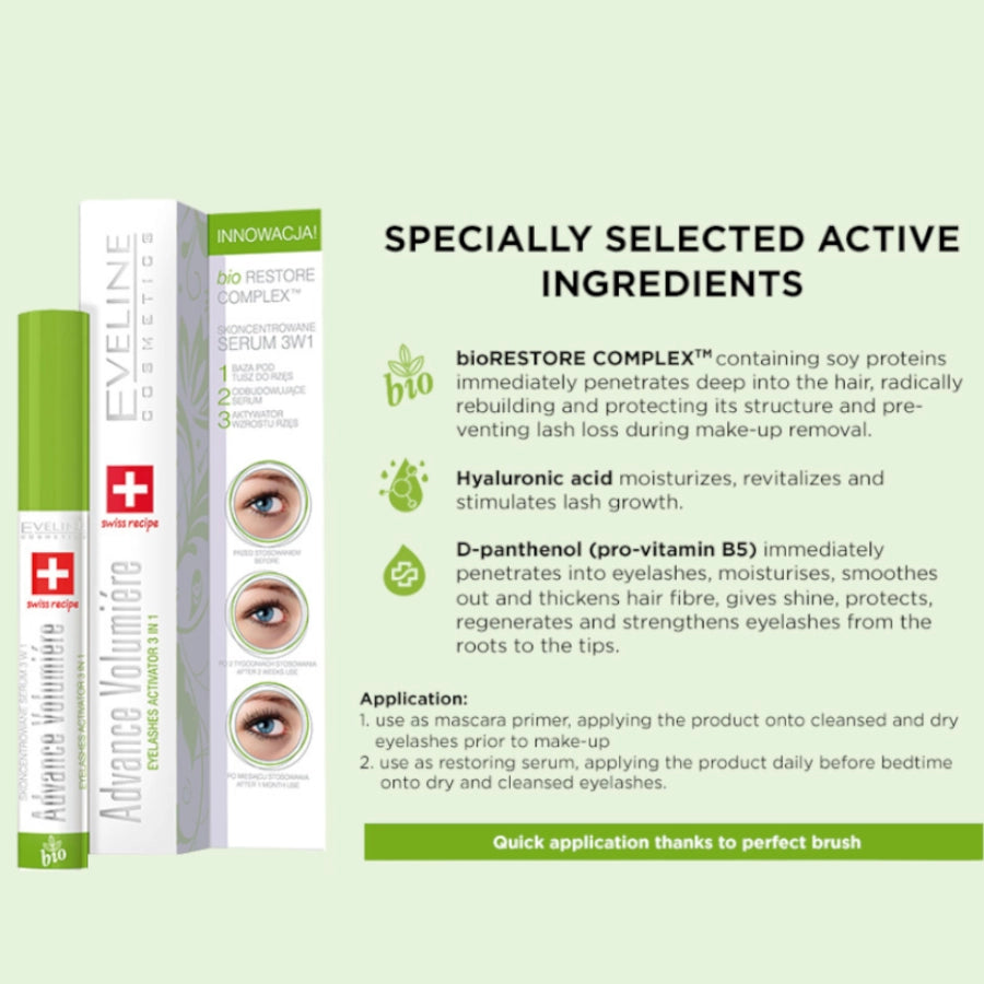 Eveline Advance Volumiere Eyelash Serum 3in1 - product displayed with its packaging on a dark background