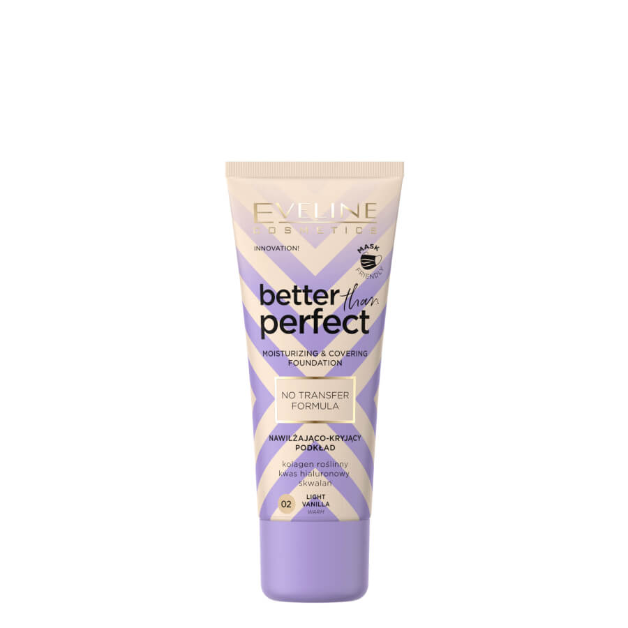 Eveline Better Than Perfect Moisturising & Covering Foundation - foundation tube displayed over matching shade swatches