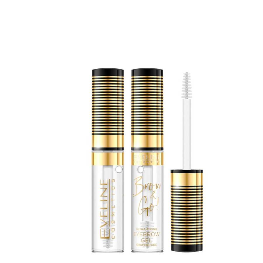 Eveline Brow & Go Fixing Eyebrow Gel - arranged with the included components on a white background