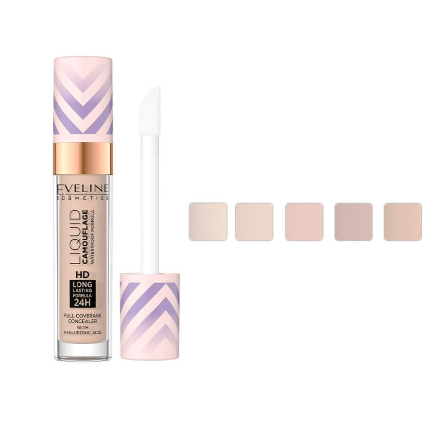 Eveline Liquid Camouflage Waterproof Concealer - shade swatches shown beside the product