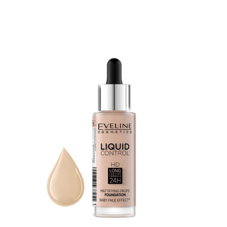 Eveline Liquid Control HD Foundation - 020 Rose Beige - foundation container isolated on a white background