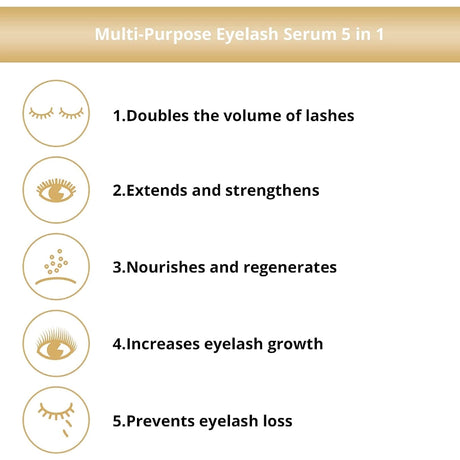 Eveline Multifunctional Eyelash Serum 5in1 Lash Booster - arranged with the included components on a white background
