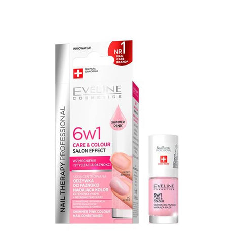 Eveline Nail Therapy 6in1 Care & Colour Nail Conditioner - Shimmer Pink - retail hair-care container isolated on a white background