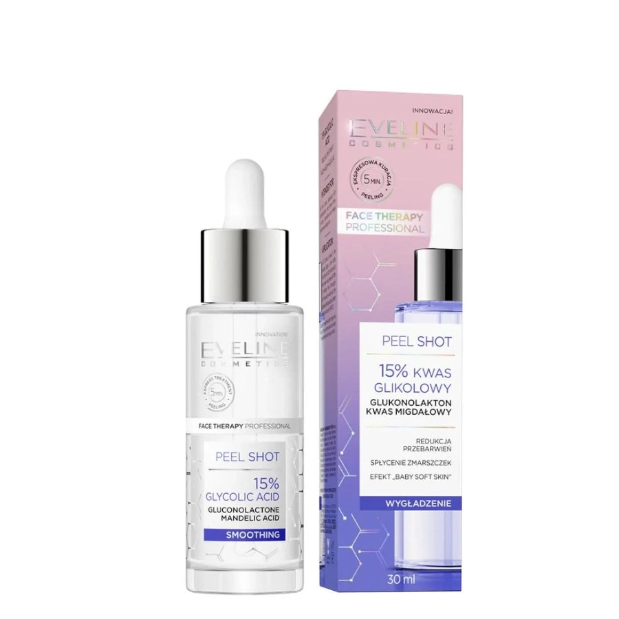 Eveline Peel Shot 15% Glycolic Acid & Mandelic Acid Smoothing - retail packaging on a white background