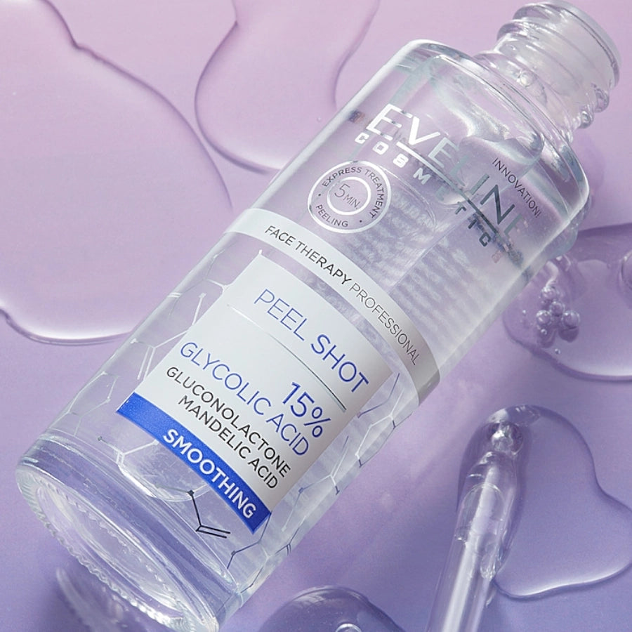 Eveline Peel Shot 15% Glycolic Acid & Mandelic Acid Smoothing - product presentation on a dark background