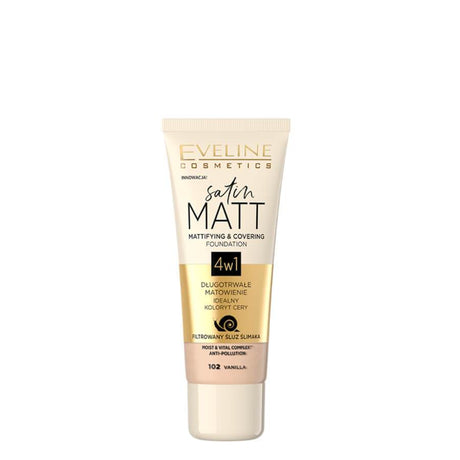 Eveline Satin Matt Mattifying & Covering Foundation - 102 Vanilla - foundation container isolated on a white background