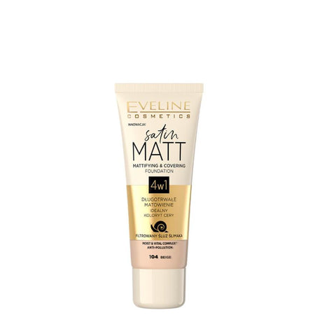 Eveline Satin Matt Mattifying & Covering Foundation - 104 Beige - foundation container isolated on a white background