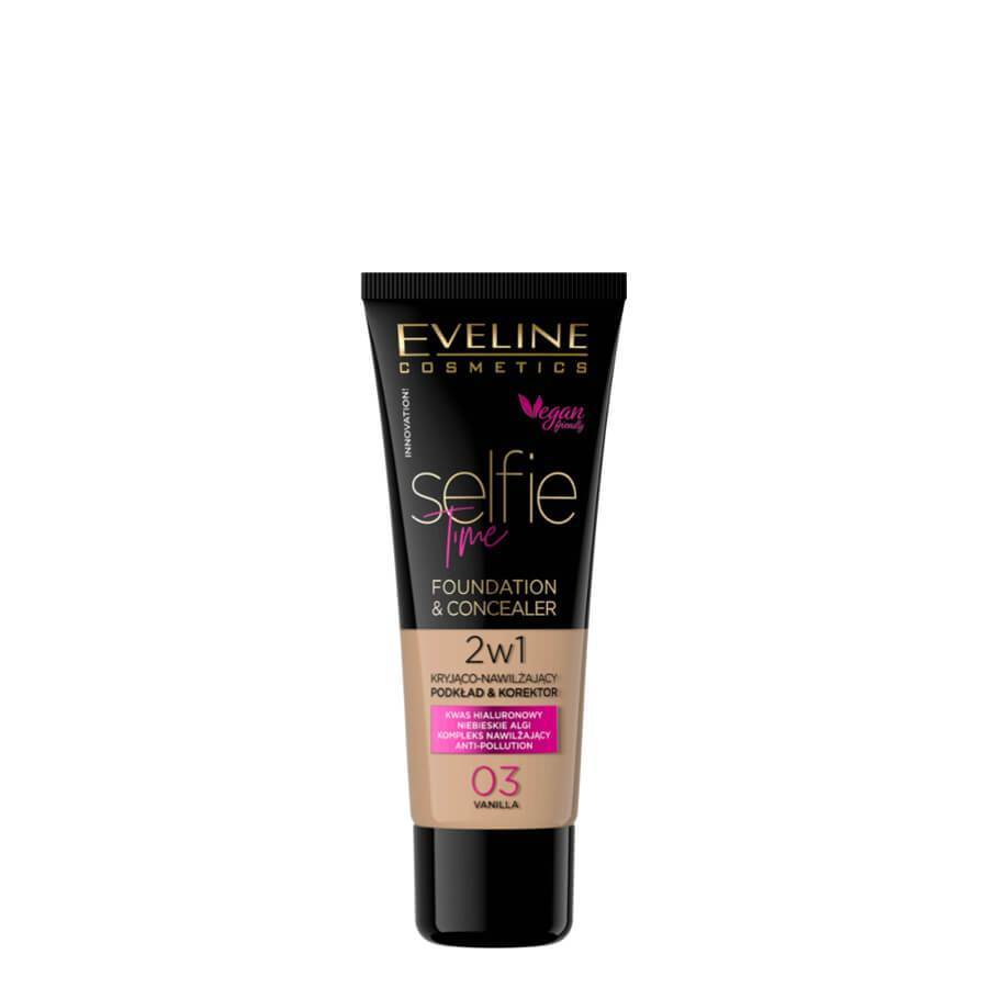 Eveline Selfie Time Covering Foundation & Concealer - 03 Vanilla - foundation container isolated on a white background