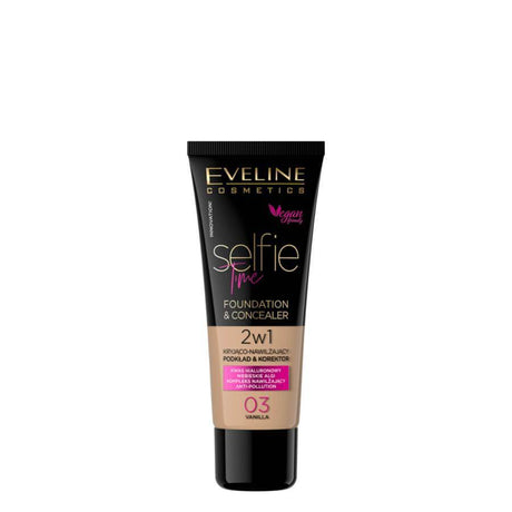 Eveline Selfie Time Covering Foundation & Concealer - 03 Vanilla - foundation container isolated on a white background