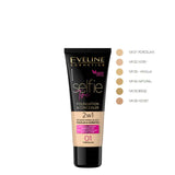 Eveline Selfie Time Covering Foundation & Concealer - shade swatches shown beside the product